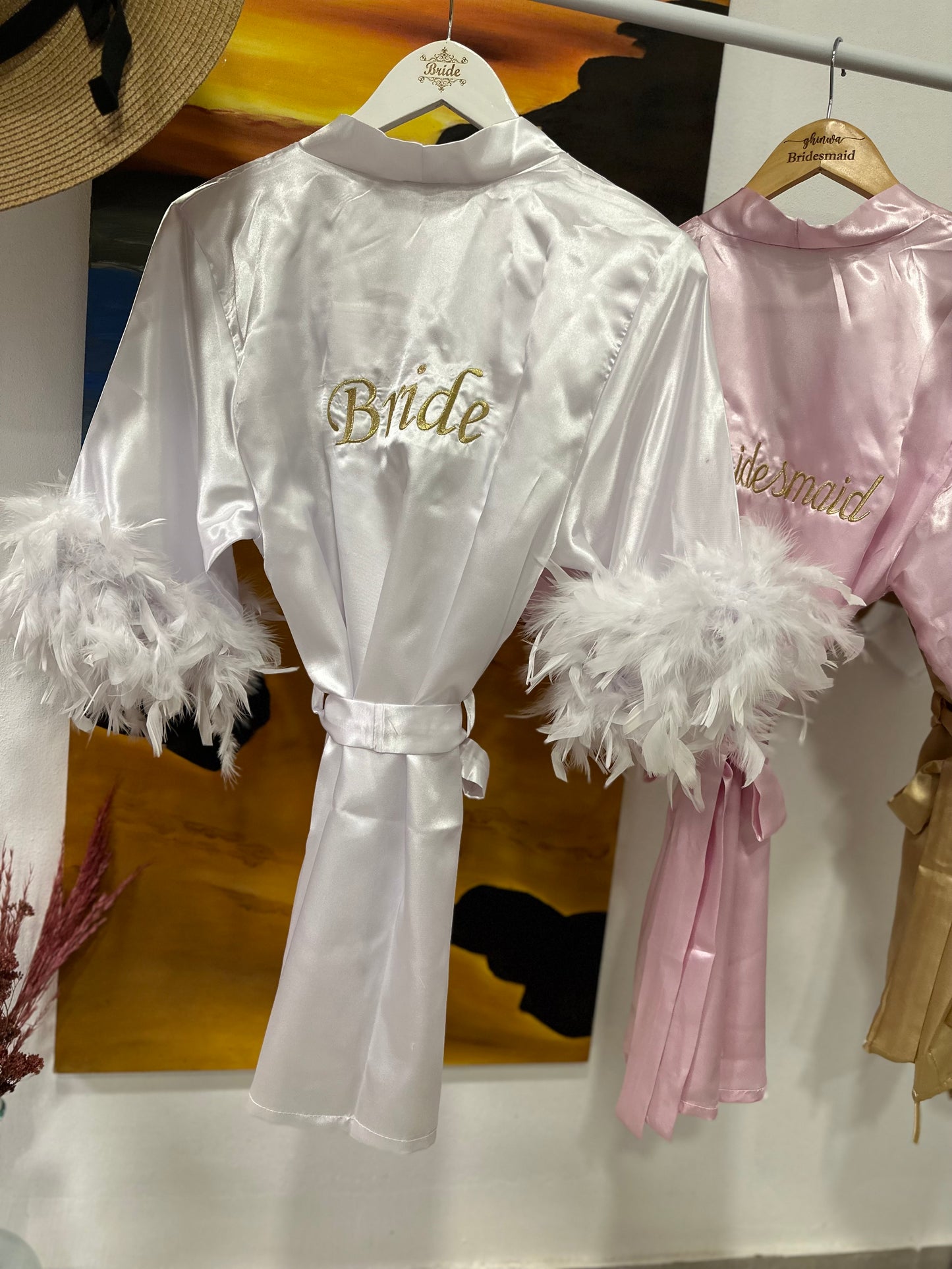 Feathered Bridal Satin Robe
