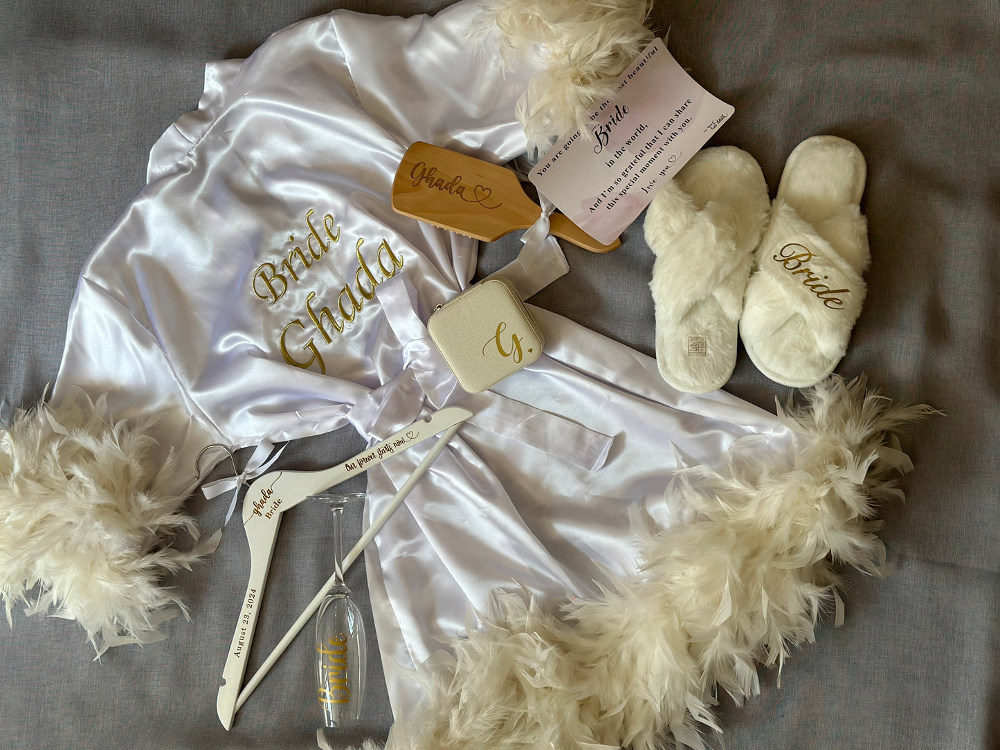 Feathered Bridal Satin Robe