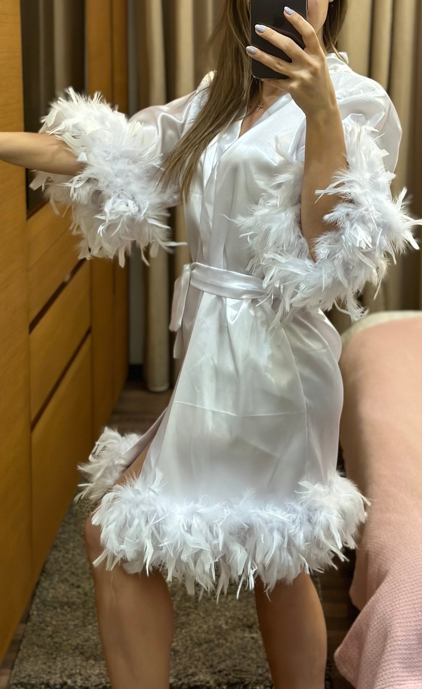 Feathered Bridal Satin Robe
