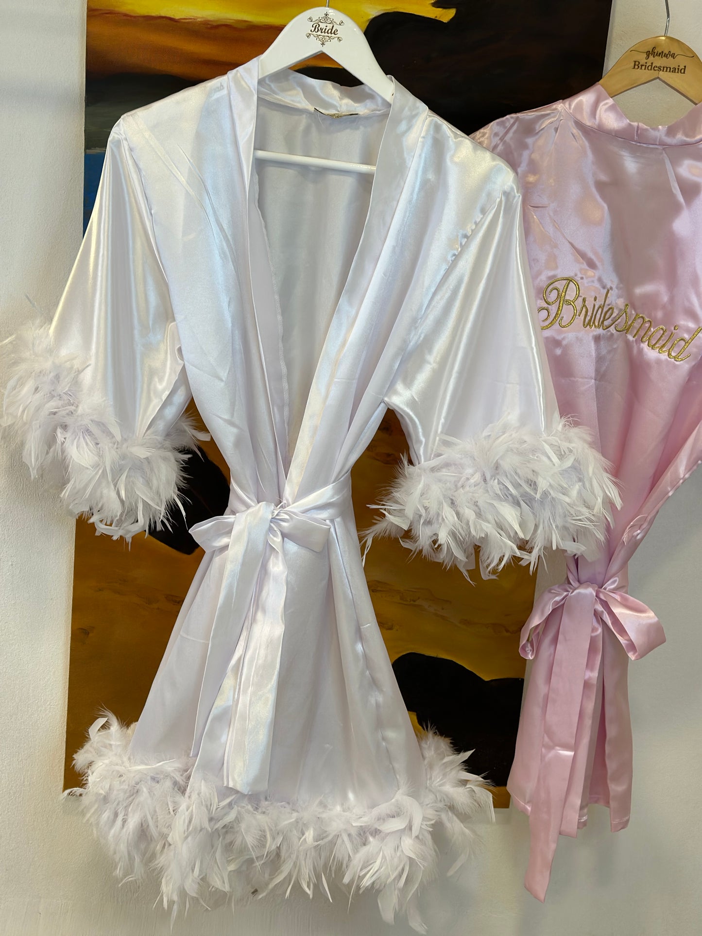 Feathered Bridal Satin Robe